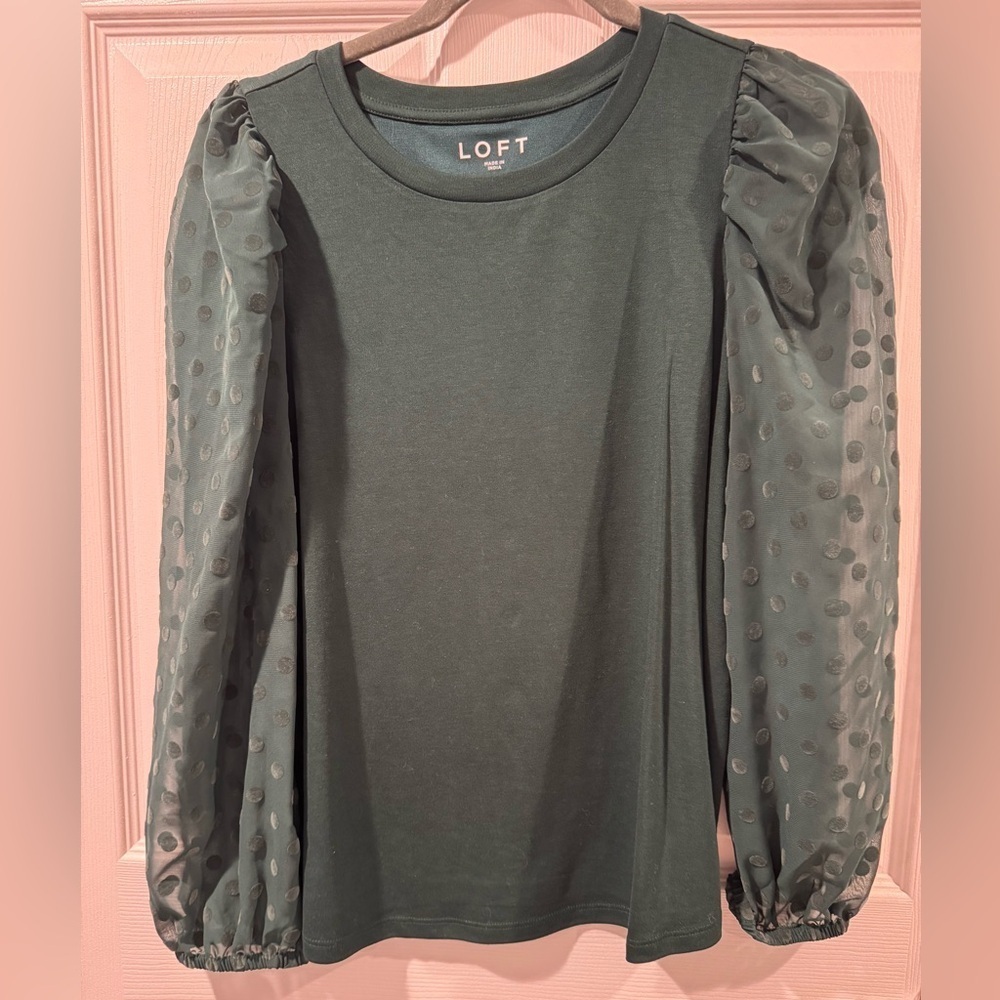 LOFT Dark Green Blouse with Sheer Puff Sleeves